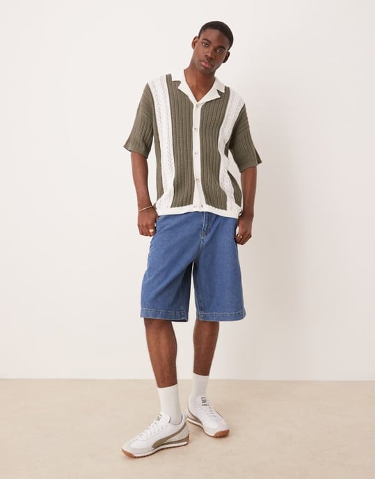 ASOS DESIGN avslappnad stickad skjortkrage knapp-up virkad polo i salviagrön och ecru - Image 4