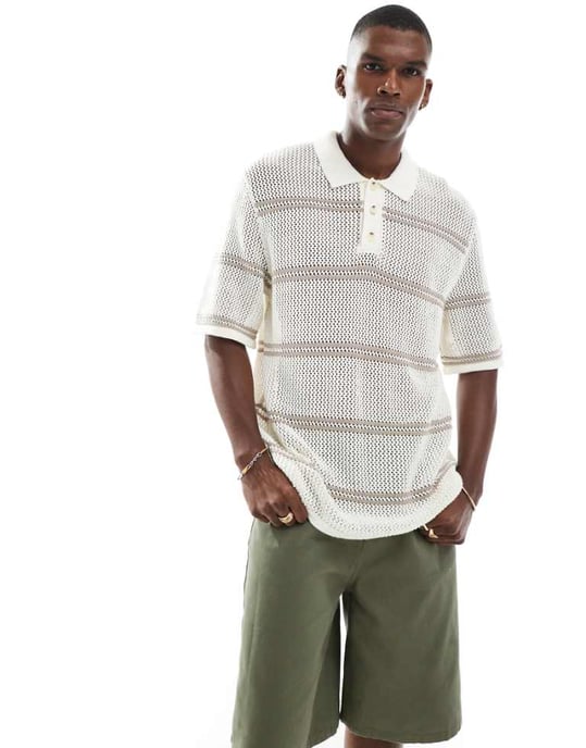 Jack & Jones virkad stickad polo i krämfärg - Image 1