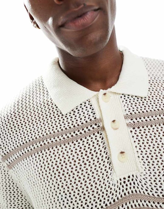 Jack & Jones virkad stickad polo i krämfärg - Image 3