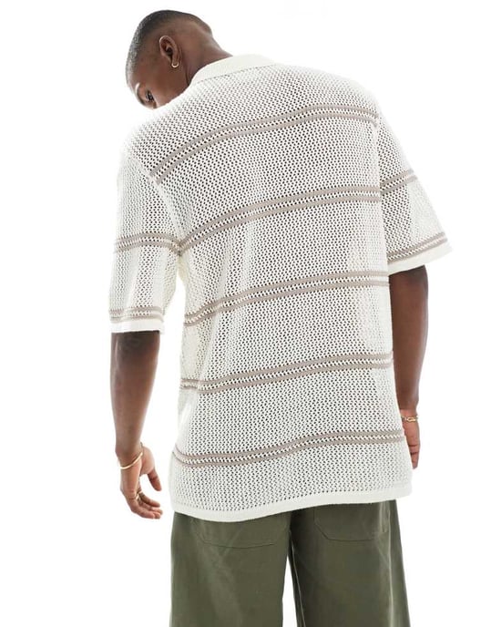 Jack & Jones virkad stickad polo i krämfärg - Image 4