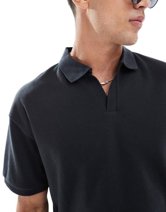 ONLY & SONS oversized split neck polo i svart - Image 3