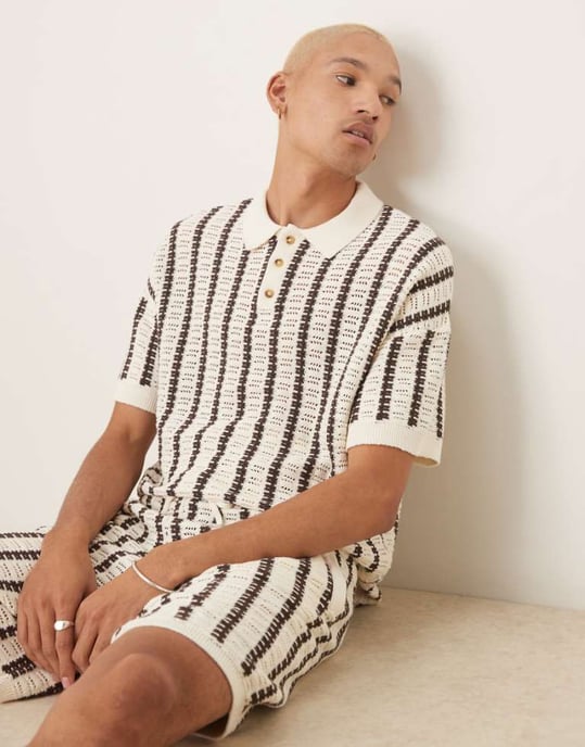 ASOS DESIGN co-ord relaxed crochet knitted button through polo with stripe pattern in brown and ecru - Image 1