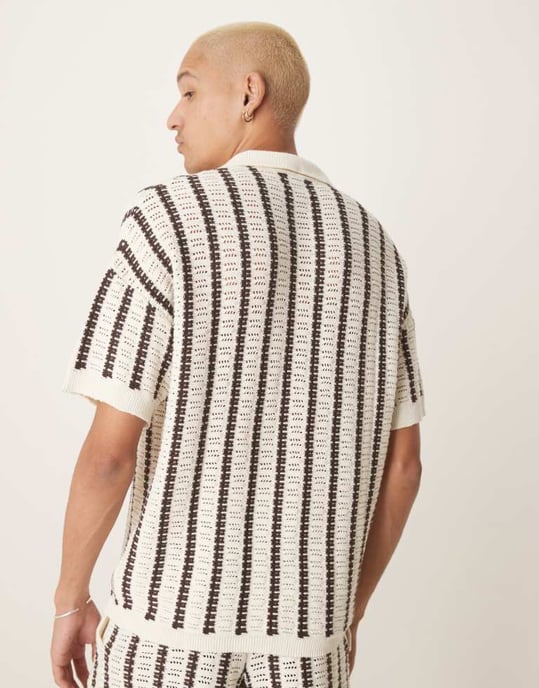ASOS DESIGN co-ord relaxed crochet knitted button through polo with stripe pattern in brown and ecru - Image 3