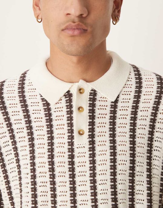 ASOS DESIGN co-ord relaxed crochet knitted button through polo with stripe pattern in brown and ecru - Image 4