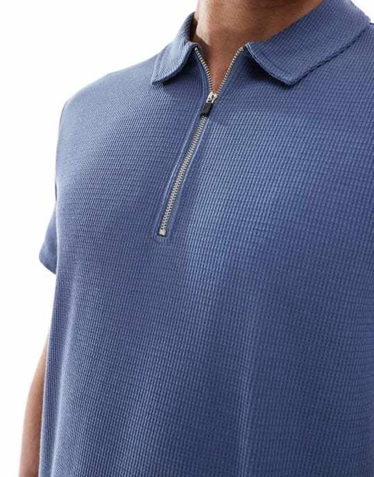 ONLY & SONS texturerad halvdragkedja polo-koord i indigoblå - Image 2