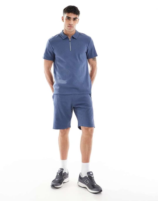 ONLY & SONS texturerad halvdragkedja polo-koord i indigoblå - Image 3