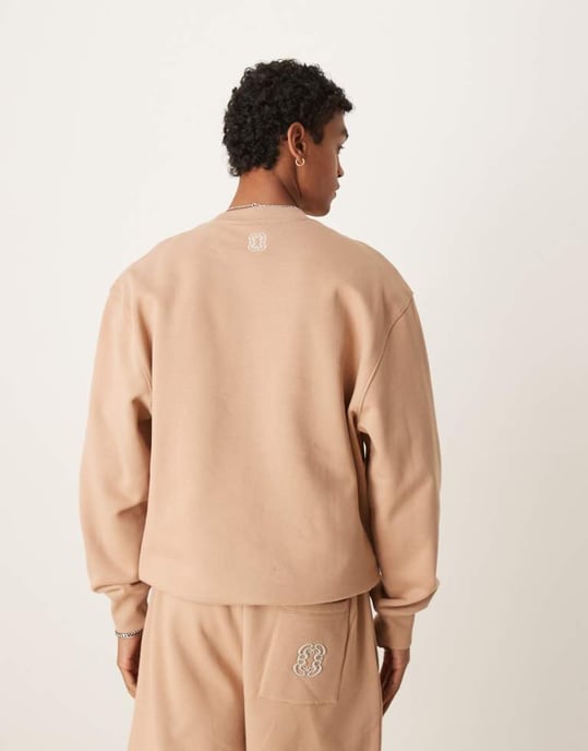 ASOS DESIGN tung sweatshirt med broderi i 400gsm i beige - BEIGE - Image 3