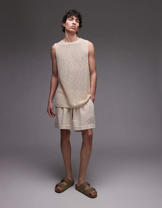 Topman avslappnad passform stickad texturärmlös topp i sten - Image 2