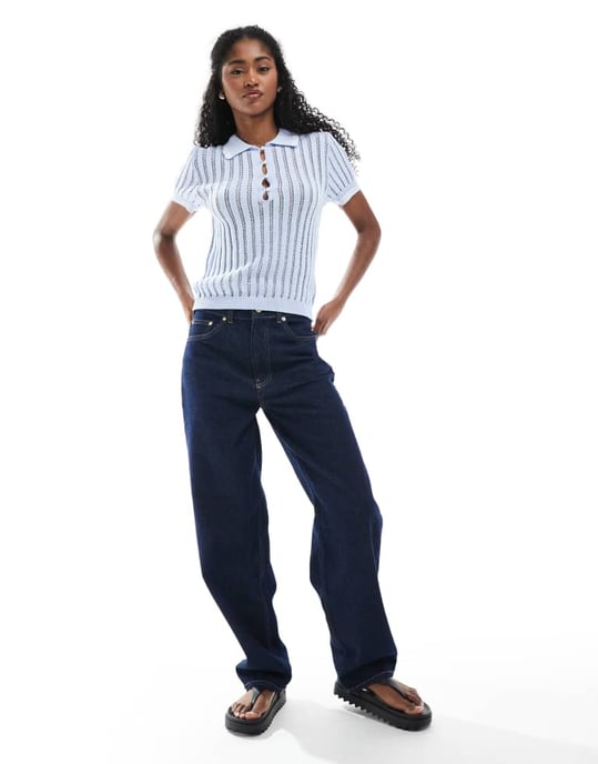 Monki knitted polo top with stitch detail in blue - Image 2