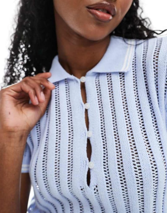 Monki knitted polo top with stitch detail in blue - Image 3