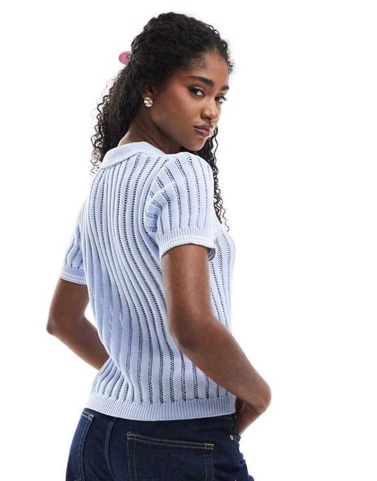 Monki knitted polo top with stitch detail in blue - Image 4