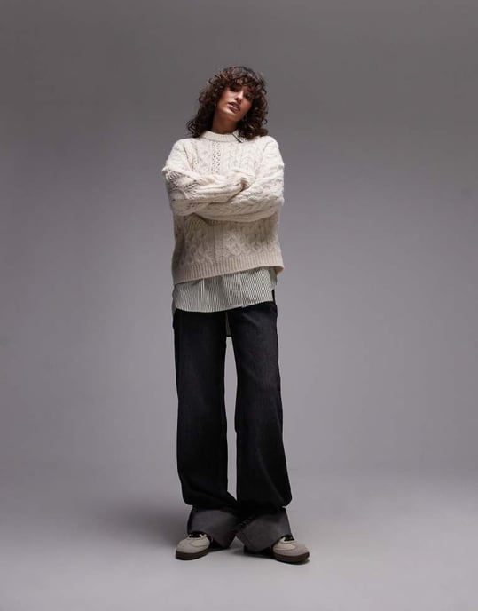 Topshop knitted lofty cable relaxed jumper in ivory - Image 3