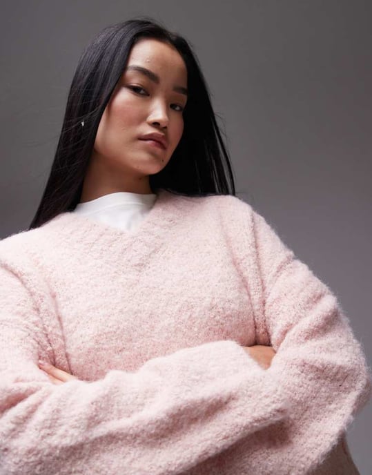 Topshop knitted high v-neck boucle jumper in pink - Image 1