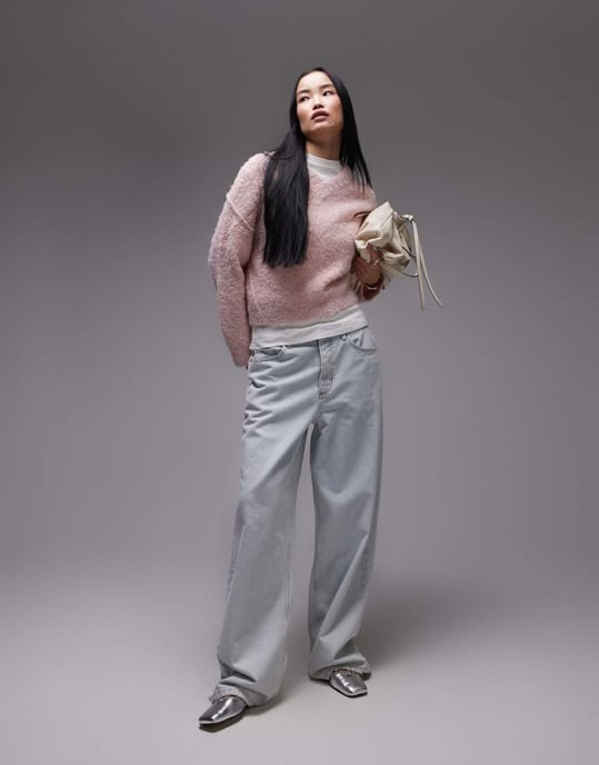 Topshop knitted high v-neck boucle jumper in pink - Image 3