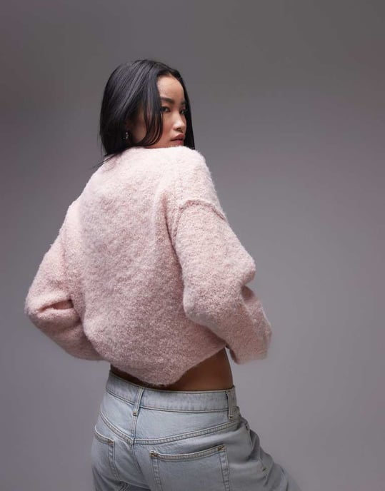 Topshop knitted high v-neck boucle jumper in pink - Image 4