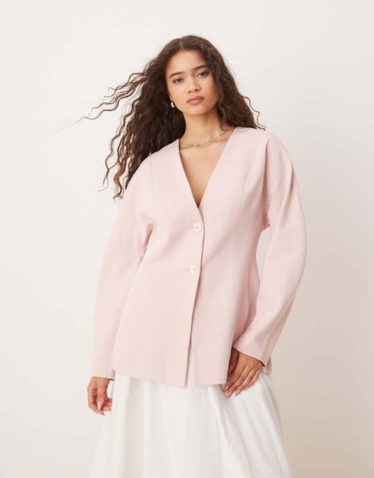 ASOS DESIGN kragslös blazer med figursydd midja i linne i rosa - Image 1