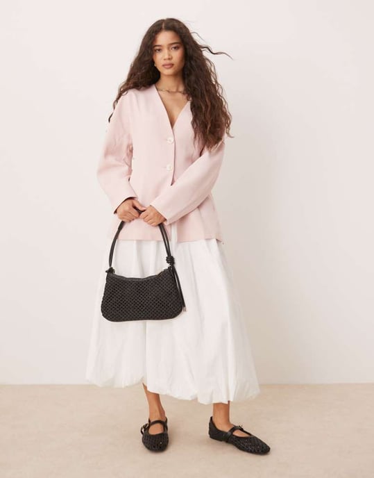 ASOS DESIGN kragslös blazer med figursydd midja i linne i rosa - Image 2