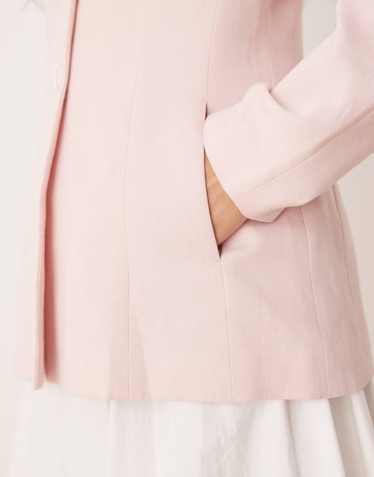 ASOS DESIGN kragslös blazer med figursydd midja i linne i rosa - Image 3
