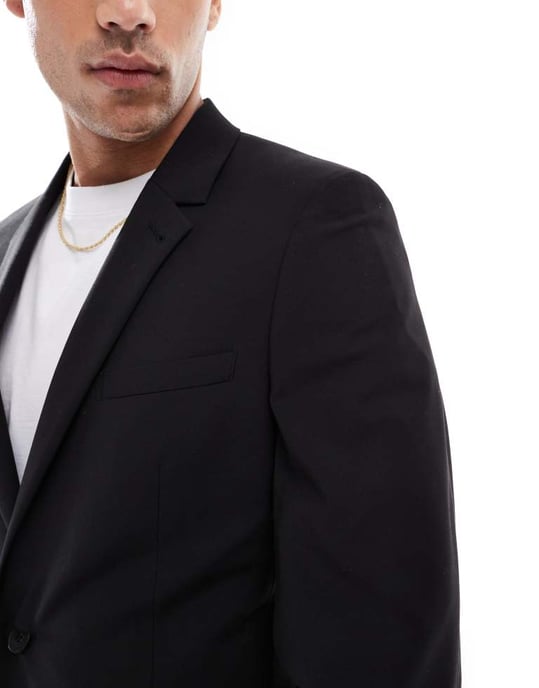 ASOS DESIGN tvättbar slim fit kavaj i lätt worsted ull i svart - Image 3