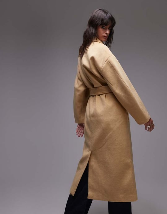 Topshop belted long line formal coat in buttermilk - Image 4
