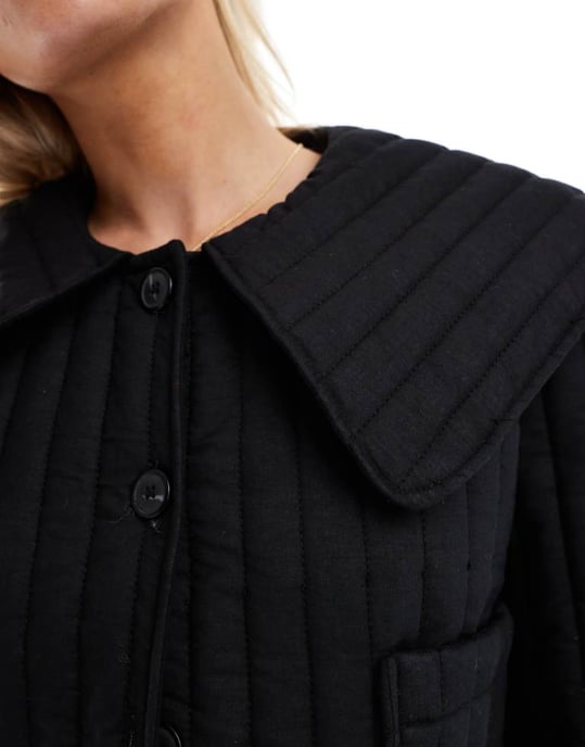 ASOS DESIGN Petite quilted jacket with collar in black - Image 3