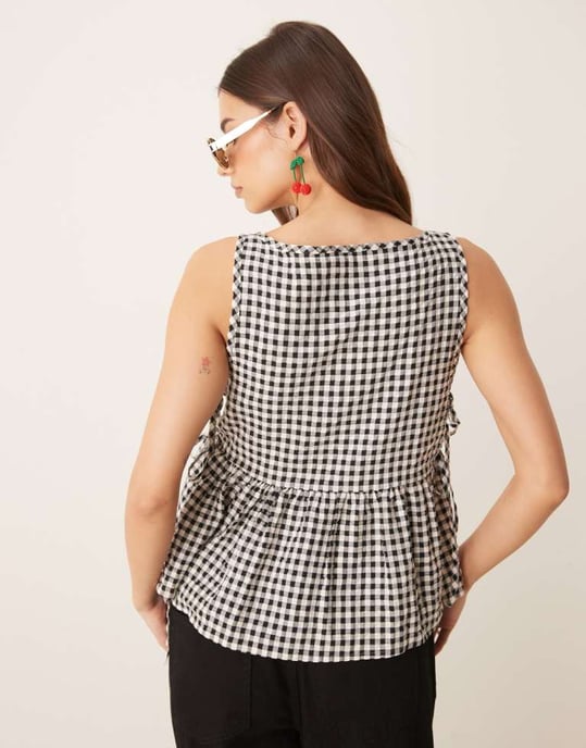 ASOS DESIGN bindning i sidan babydoll linne i monokrom rutig - Image 4