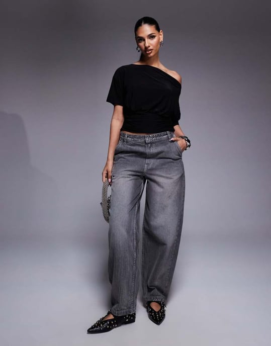 ASOS DESIGN asymmetrisk kortärmad top med en axel och dragsko i midjan i svart - Image 3