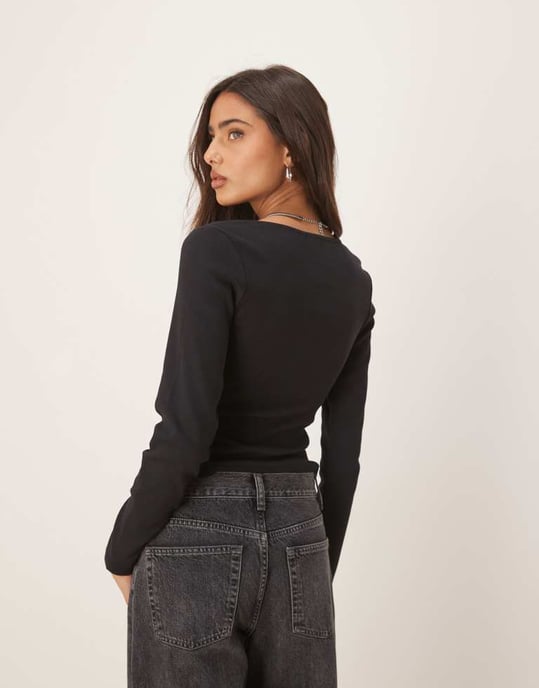 ASOS DESIGN ribbat långärmad topp med spets- och knapppdetaljer i svart - Image 2