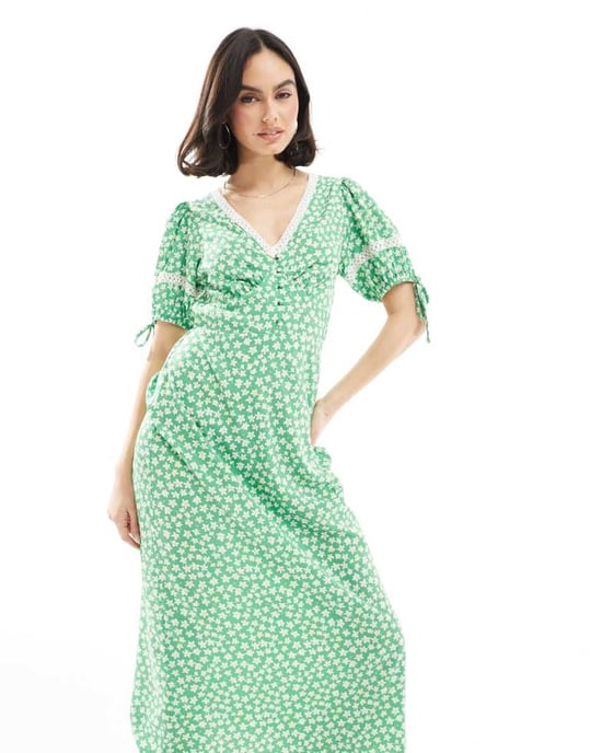 Wednesday's Girl ditsy print lace detail midaxi tea dress in green - Image 3