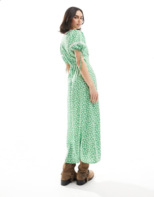 Wednesday's Girl ditsy print lace detail midaxi tea dress in green - Image 4