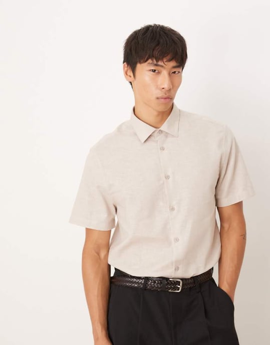 ASOS DESIGN formell linneblandning regular skjorta i sten - Image 1