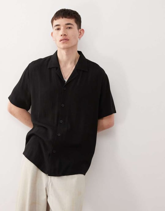 Återvunnen vintage oversized linnemix skjorta i svart - Image 1