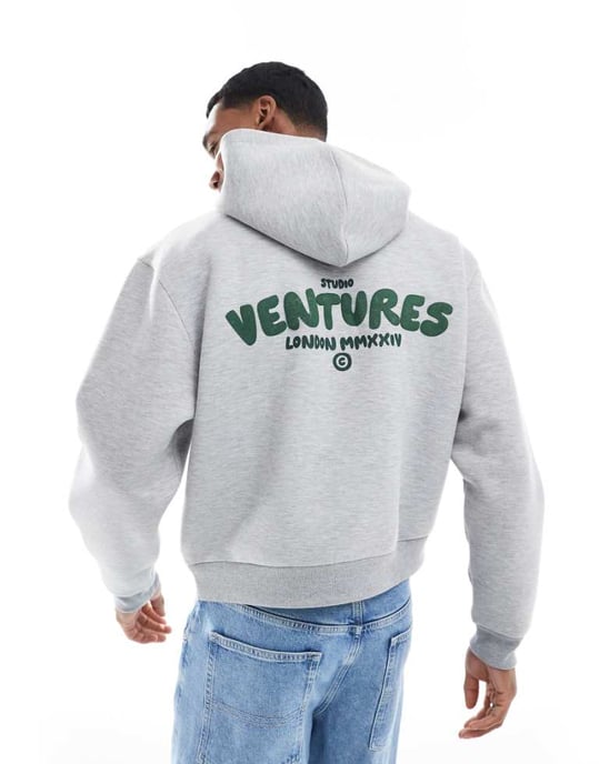 ASOS DESIGN oversized boxig scuba-typ tyg hoodie med textgrafik i grå - Image 1