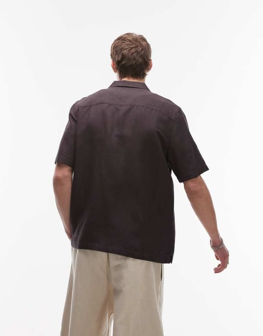 Topman regular fit kortärmad skjorta i linneblandning i svart - Image 3