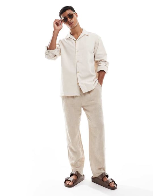 Jack & Jones reverkrage linneblandning overskjorta i beige - Image 3