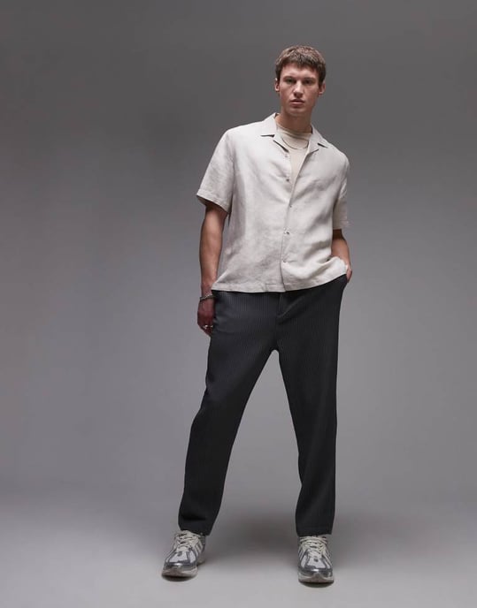 Topman regular fit kortärmad skjorta i linneblandning i stenfärg - Image 2