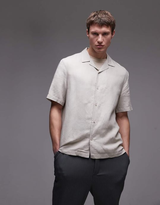 Topman regular fit kortärmad skjorta i linneblandning i stenfärg - Image 3