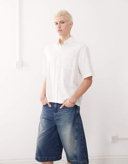 Weekday linen oversized boxy fit short sleeve shirt in off-white - Image 2