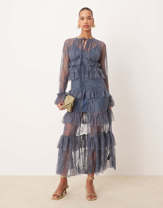 ASOS DESIGN skjortklänning med knappar och spetsdetalj i blått - Image 1