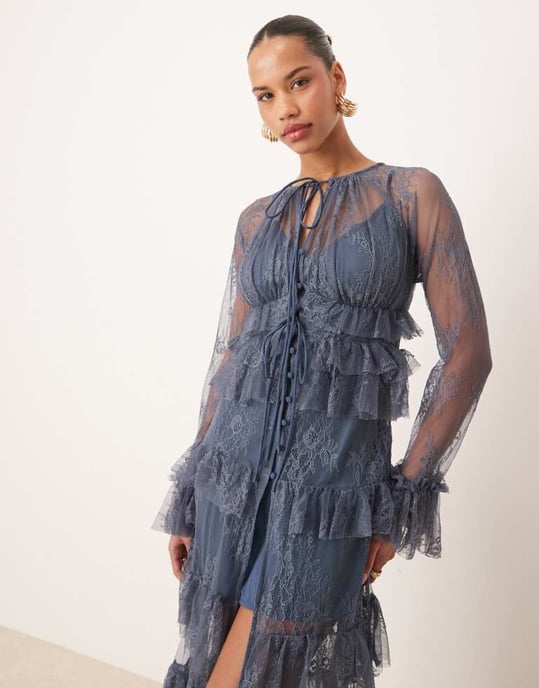 ASOS DESIGN skjortklänning med knappar och spetsdetalj i blått - Image 2