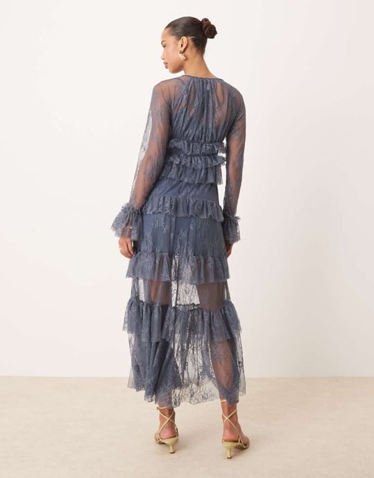 ASOS DESIGN skjortklänning med knappar och spetsdetalj i blått - Image 4