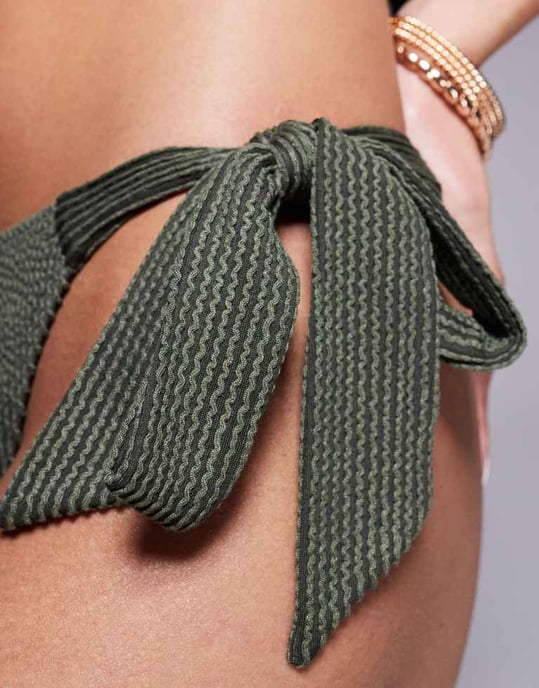South Beach tie side crinkle stripe bikini bottoms in khaki - Image 4