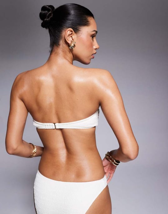 South Beach crinkle bandeau gold flower bikini top in cream - Image 4