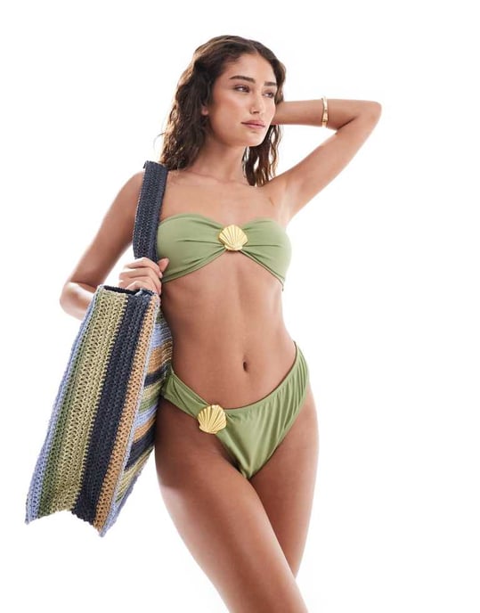 4th & Reckless gold shell detail bandeau bikini top co-ord in olive - Image 2