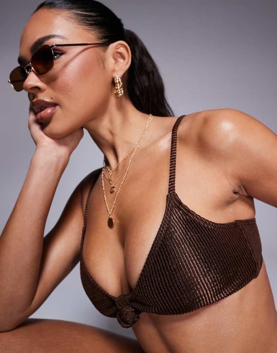 South Beach crinkle stripe bikini top in brown - Image 4