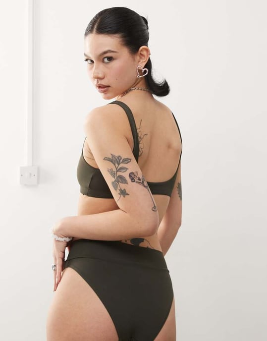Weekday Sand mix & match scoop neck bikini top in dark green exclusive to ASOS - Image 3