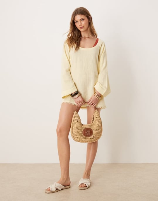 ASOS DESIGN Callie cheesecloth fransad långärmad vändbar strandklänning i buttermilk - Image 2