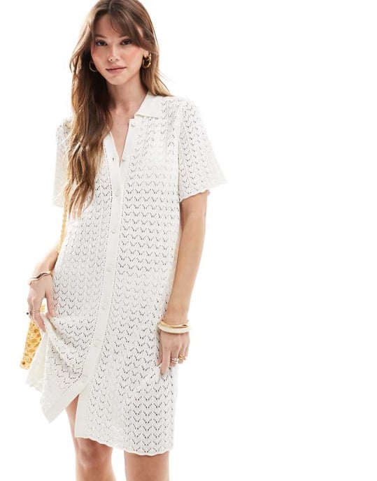 Miss Selfridge virkade kontrast polo knappgenomgång stickad klänning i krämfärgad - Image 2