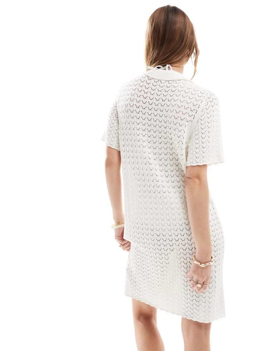 Miss Selfridge virkade kontrast polo knappgenomgång stickad klänning i krämfärgad - Image 4