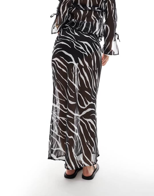 Esmee Exclusive sheer tie front beach skirt in zebra - Image 3